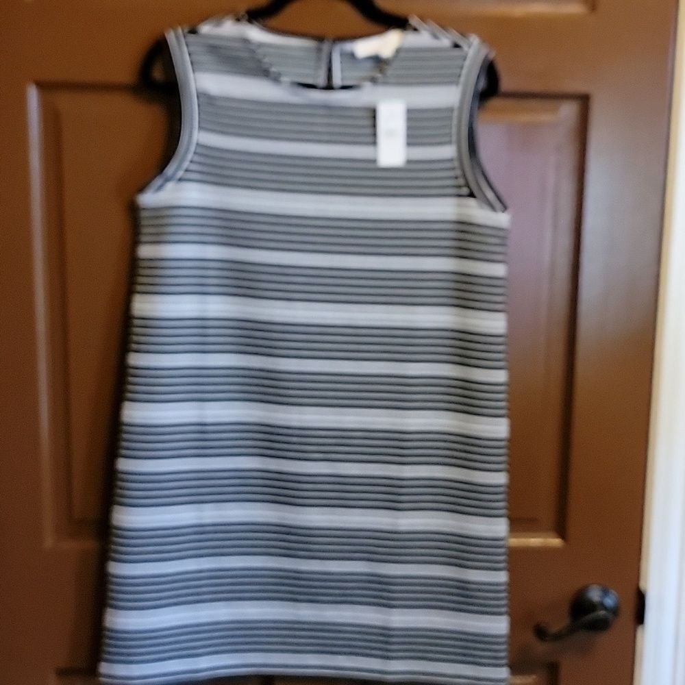 Loft-Blk/white striped across sleeveless dress, round neck S. NWT.